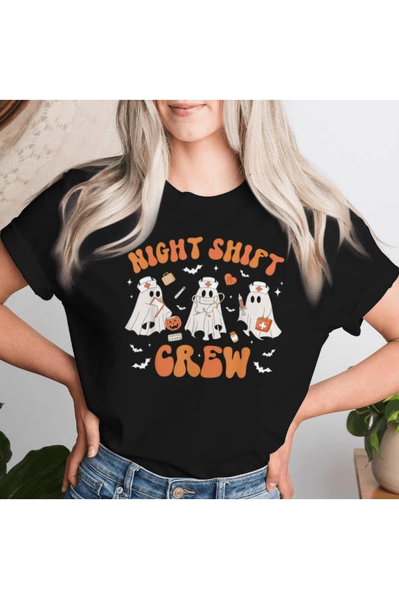 Night Shift Boo Crew Health Worker Halloween Ghost Nurse Women's T-Shirt, Spooky Nurse Shirt, Halloween Tee for Healthcare Workers, Ghost Design for Night Shifters