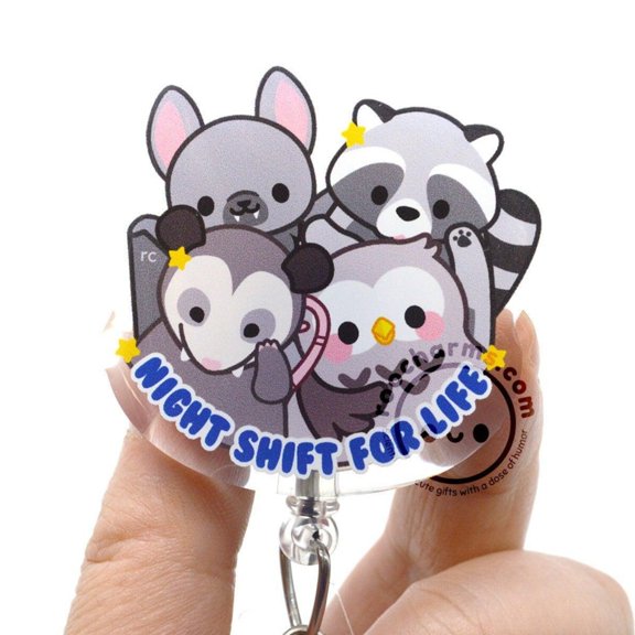 Night Shift For Life Cute Acrylic Badge Reel for Vet Techs, Veterinarians, Nurses, Bat, Raccoon, Possum, Owl, MLS, Clinical Lab Techs, RT PT