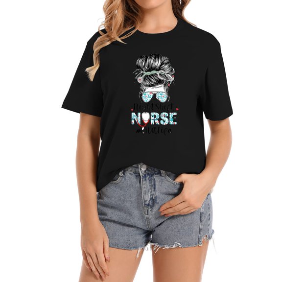 Night Shift Nurse CNA Life Messy Bun Stethoscope N Cute Short Sleeve Women's T-Shirts with Trendy Graphic Design