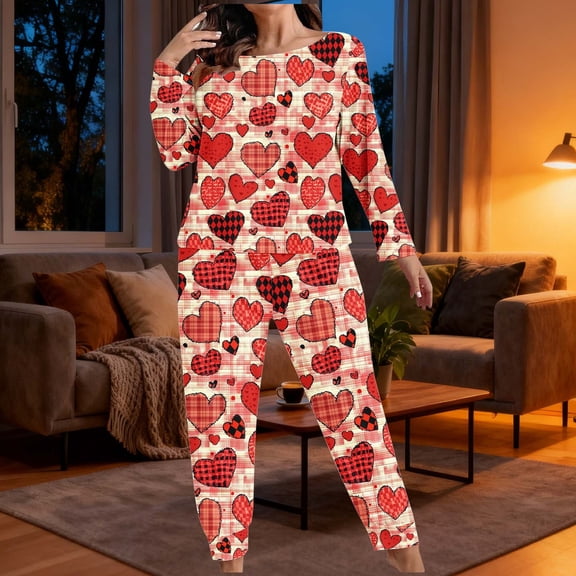 Night Shirts for Women Sleepwear Womens Pajamas Set, Plus Size Long Sleeve Round Neck T-Shirt Loose Pants Sleepwear Valentine's Outfits Loungewear Set Red 3XL