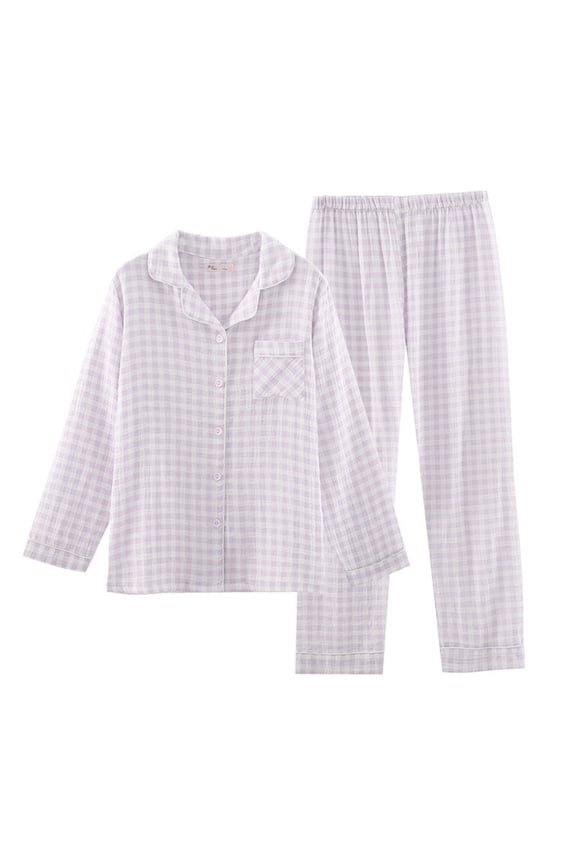 Night Shirts for Women Sleepwear Double Layer Gingham Lightweight Home Stylish Comfortable Womens Indoor Clothes,Light Purple,L