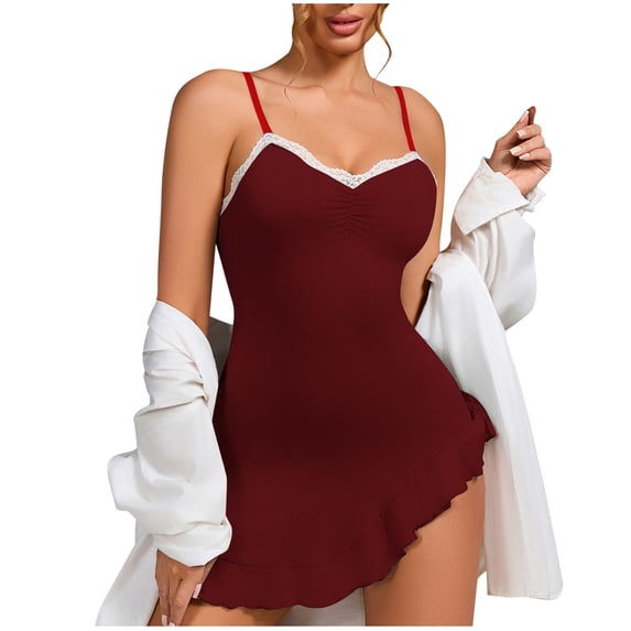 Night Shirts for Women Sleepwear Sleeveless Dress for Women Summer Spaghetti Strap Solid Color Soft V-Neck Lace Mid Length Nightgown Skirt