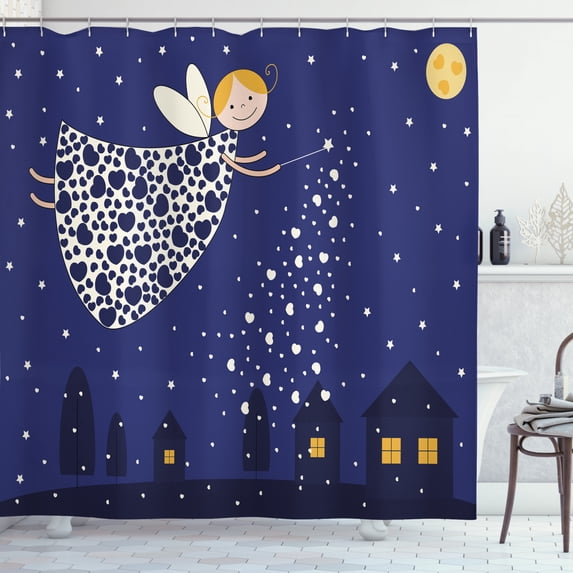 Ambesonne Night Shower Curtain, Girls Cartoon, 69"Wx84"L, Blue Marigold White