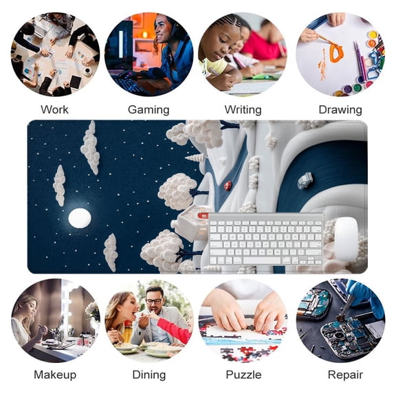 Night Sky 3D Paper Art Mouse Pad 31.5 x 11.82 inches Rubber Desk Mat with Moon and House Design for Home Office and Travel