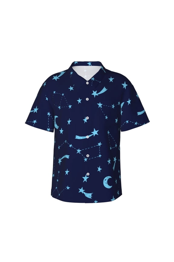 Night Sky And Shining Stars Hawaiian Shirts For Men, Summer Short-Sleeve Relaxed-Fit Button-Down Shirts Medium