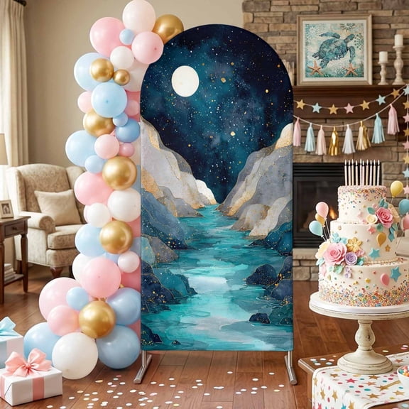 Night Sky Arch Backdrop Covers 4 FT, Moon Nature River Valley Dreamy Starry Galaxy Stretchy Fitted Arched Stand Covers Party Arch Stand Cover Photo Booth for Wedding Birthday Decor