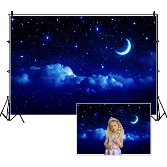 Night Sky Backdrop Crescent Moon Starry Sky Clouds Photography Background for Themed Party Decorations Kids Children Infant Girl Boy Artistic Portrait Photo Studio Props