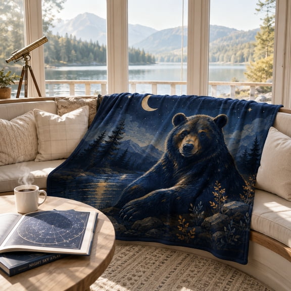 Night Sky Bear Blanket with Crescent Moon, Mountain Lake and Pine Forest, Navy Flannel Throw with Rustic Wildlife Art for Couch Bed Cabin Retreat, 30 x 40 in