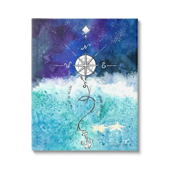 Night Sky Blue Ombre Ocean Waves Nautical Compass Anchor Coastal Painting Gallery-Wrapped Canvas Print Wall Art