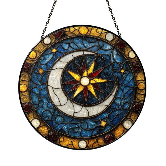 Night Sky Celestial Glass Ornament Window Decor, Moon Star Hanging Art for Home