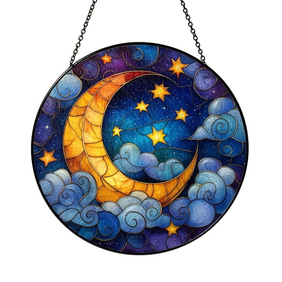 Night Sky Crescent Glass Suncatcher Window Decor, Stained Glass Style Round Hanging Art