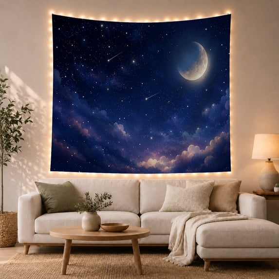 Night Sky Crescent Moon & Shooting Stars in Dreamy Clouds Serene Celestial for Space Lovers Astronomy Wall Art, Housewarming Gift Tapestry Wall Hanging for Bedroom, Living Room and Dorm