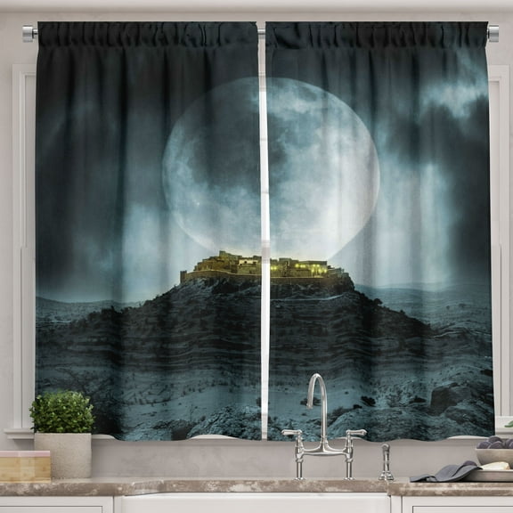 Night Sky Curtains 2 Panels Set, Big Full Moon over a Fantasy Castle on Hill Clouds Rocks Valley View, Window Drapes for Living Room Bedroom, 55W X 39L Inches, Green Black Slate Blue, by Ambesonne
