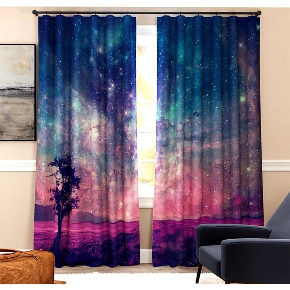 Night Sky Curtains Galaxy Starry Stars Tree Purple Lavender Landscape Curtain Dream Fairy Tale Tree Of Life Privacy Window Treatments For Bedroom Living Room 42"W x 84"L (Pack of 2)