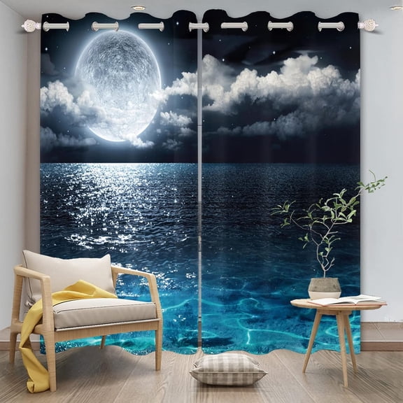 Night Sky Curtains For Living Room/Bedroom, Blue Sea 3D Printing Super Soft Window Curtains, Blackout Grommet Window Curtains For Cafe Room 38"W x 54"L (Pack of 2)