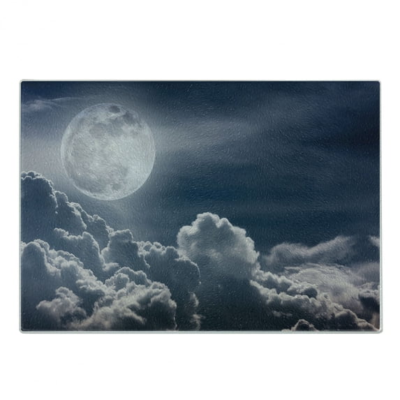 Night Sky Cutting Board, Celestial Photo Big Full Moon and Fluffy Clouds Majestic Dramatic Idyllic, Decorative Tempered Glass Cutting and Serving Board, Small Size, Dark Blue White, by Ambesonne