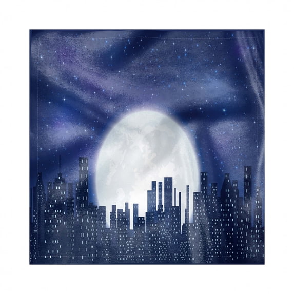 Night Sky Decorative Napkins Set of 4, Full Moon on Starry Dark Sky Urban Cityscape with Tall Buildings, Silky Satin Fabric for Brunch Dinner Party, 18", Dark Blue Indigo White, by Ambesonne