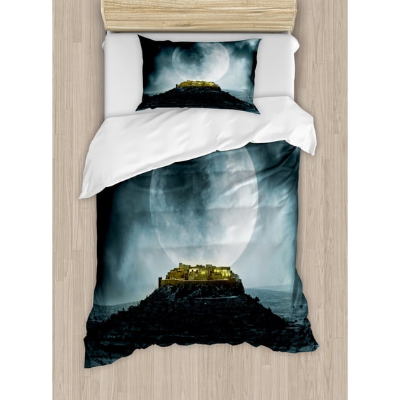 Night Sky Duvet Cover Set, Big Full Moon over a Fantasy Castle on Hill Clouds Rocks Valley View, Decorative 2 Piece Bedding Set with 1 Pillow Shams, Twin Size, Green Black Slate Blue, by Ambesonne