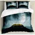 thumbnail image 1 of Night Sky Duvet Cover Set, Big Full Moon over a Fantasy Castle on Hill Clouds Rocks Valley View, Decorative 3 Piece Bedding Set with 2 Pillow Shams, King Size, Green Black Slate Blue, by Ambesonne, 1 of 3