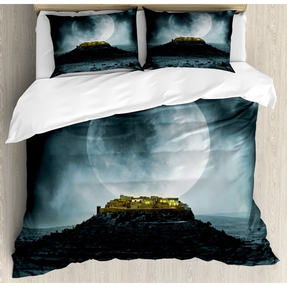 Night Sky Duvet Cover Set, Big Full Moon over a Fantasy Castle on Hill Clouds Rocks Valley View, Decorative 3 Piece Bedding Set with 2 Pillow Shams, King Size, Green Black Slate Blue, by Ambesonne
