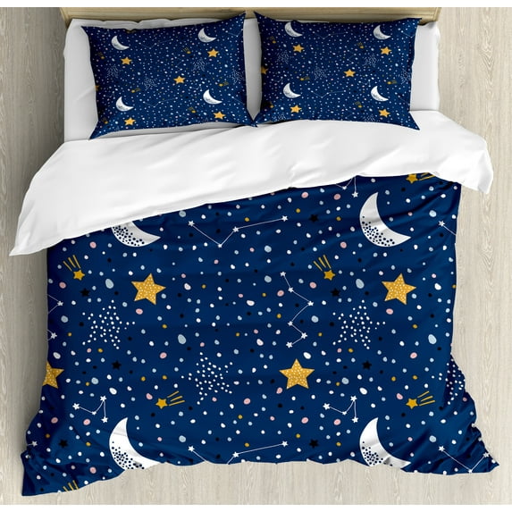 Night Sky Duvet Cover Set, Doodle Style Sky Moons Stars and Colorful Blots, Decorative 3 Piece Bedding Set with 2 Pillow Shams, Calking Size, Night Blue Marigold, by Ambesonne