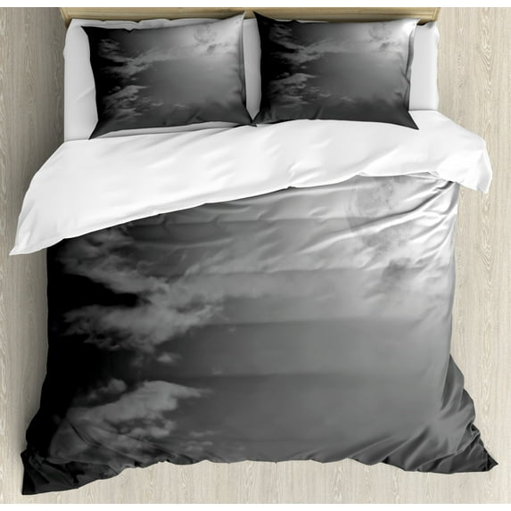 Night Sky Duvet Cover Set King Size, Full Moon and Clouds Midnight View Vintage Black and White Style Dramatic Scene, Decorative 3 Piece Bedding Set with 2 Pillow Shams, Black White, by Ambesonne