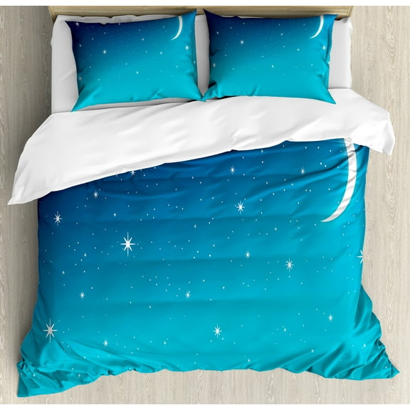 Night Sky Duvet Cover Set, Starry Crescent Moon Nebula Galaxy Astronomy Cosmos Sleep Well Theme, Decorative 3 Piece Bedding Set with 2 Pillow Shams, Calking Size, Royal Blue and White, by Ambesonne