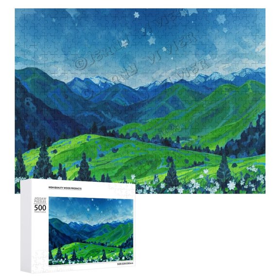 Night Sky Hill 500 Piece Jigsaw Puzzle for Adults,Natural Landscape Art,Country Landscape Painting,Funny Wall Art Home Decor - Modern Oil Landscape Art Print 21.7"x16.1"