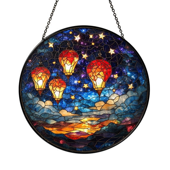 Night Sky Lantern Landscape Stained Glass Style Suncatcher Window Hanging, Floating Lantern Starry Sky Decorative Window Panel, Scenic Cloud Glass Style Art Decor, Fantasy Theme Window Ornament