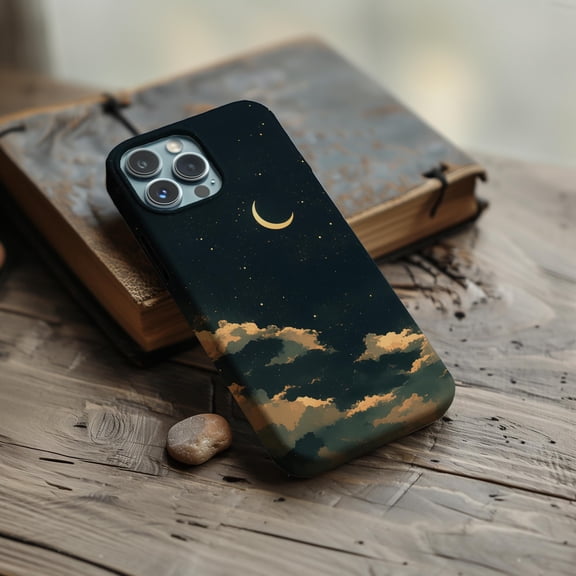 Night Sky Moon Phone Case Fits iPhone Samsung Pixel Durable Hard Shell Vintage Stars And Clouds Gift