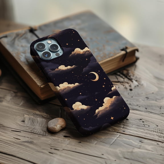 Night Sky Moon Phone Case For iPhone Samsung Pixel Hard Plastic Cover Dark Clouds And Stars Design Space Gift