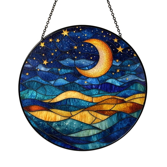 Night Sky Moon Stained Glass Suncatcher Window Hanging Decor, Celestial Moon Sun Catcher Panel for Home Window Decoration, Starry Sky Inspired Decorative Art