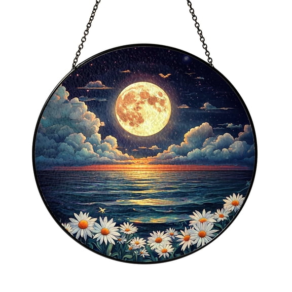 Night Sky Moon and Star Decorative Window Hanging, Stained Glass Style Art Panel for Cozy Home Accent