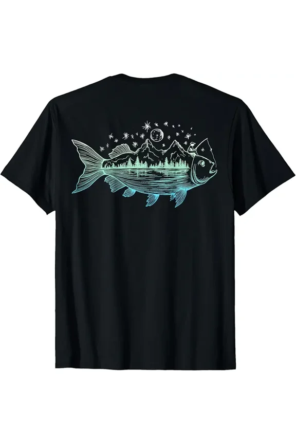 Night Sky Mountain Forest Fishing Graphic for Men Women Short Sleeve T-Shirt