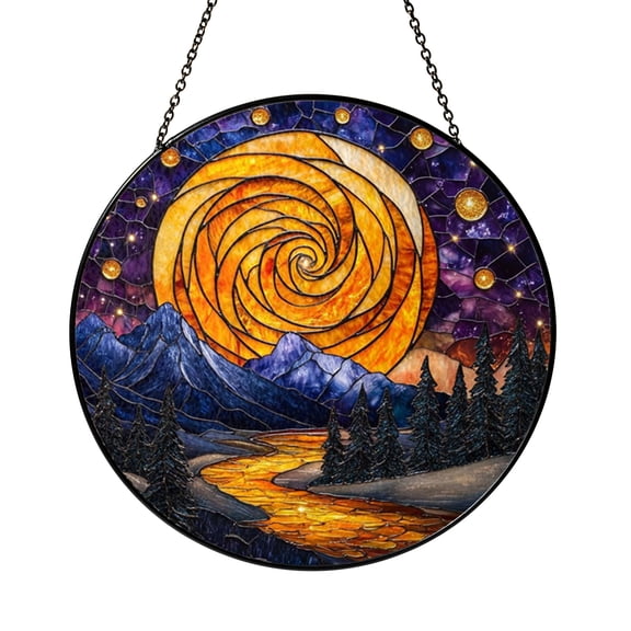 Night Sky Mountain Landscape Stained Glass Style Decorative Window Panel, Fantasy Celestial Hanging Art
