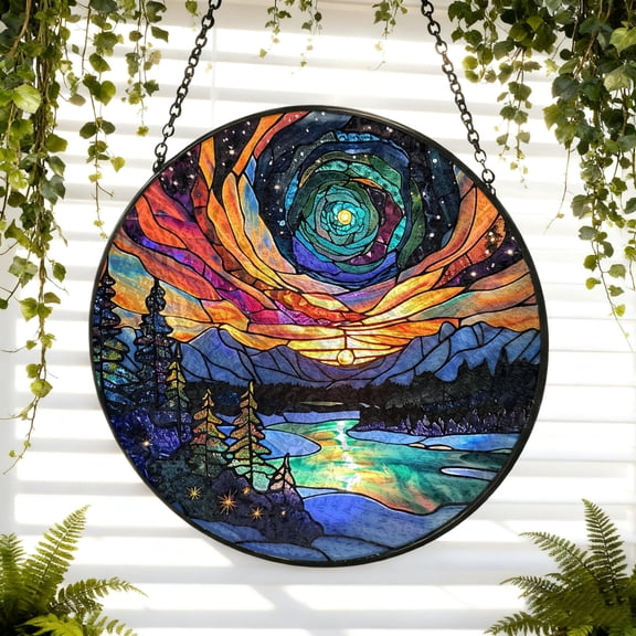 Night Sky Northern Lights Stained Glass Suncatcher Aurora Borealis Forest Window Hanging Christmas Gift