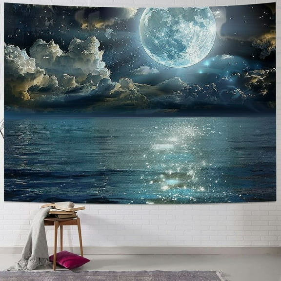Night Sky Ocean Tapestry Full Moon Over Water Tapestry Wall Hanging 3D Watercolor Magical Fantasy Tapestry Wall Art for Bedroom Living Room Dorm Wall Decor