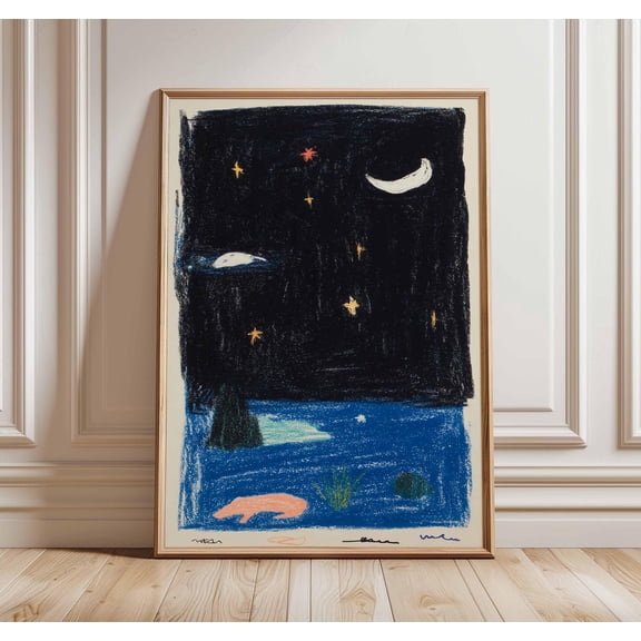 Night Sky Poster Whimsical Moon and Stars Wall Art Abstract Crayon Style Print Playful Cel