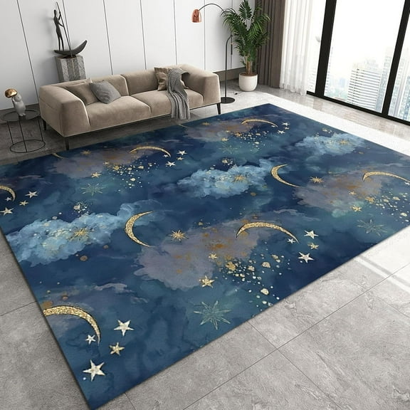 Night Sky Rug Cartoon Stars Moon Rug for Kids Room Non-Slip Foldable Low Pile Playing Mat for Living Room Bedroom Kindergarten Nursery Classroom 3x4ft