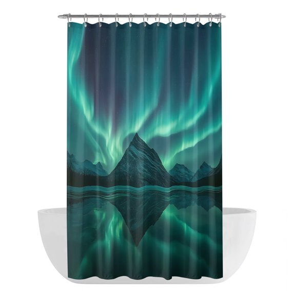 Night Sky Shower Curtain - Water Repellent Fabric Shower Curtains Washable, Winter Snowy Green Natural Light Mountain Decorative Polyester Cloth Bathroom Curtains Modern Bath Decor 36"x72"