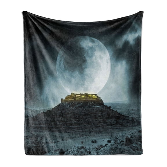 Night Sky Soft Flannel Fleece Blanket, Big Full Moon over a Fantasy Castle on Hill Clouds Rocks Valley View, Cozy Plush for Indoor and Outdoor Use, 50" x 60", Green Black Slate Blue, by Ambesonne