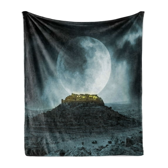 Night Sky Soft Flannel Fleece Blanket, Big Full Moon over a Fantasy Castle on Hill Clouds Rocks Valley View, Cozy Plush for Indoor and Outdoor Use, 70" x 90", Green Black Slate Blue, by Ambesonne