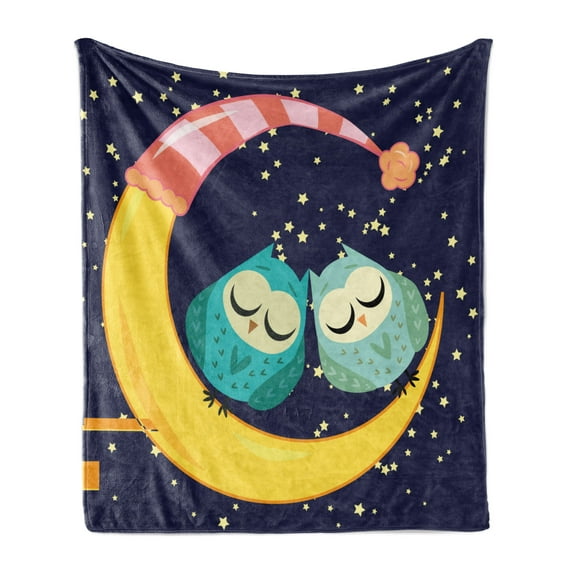 Night Sky Soft Flannel Fleece Blanket, Lover Owls on Moon Sleeping at Starry Late Time Bedtime Childish Theme, Cozy Plush for Indoor and Outdoor Use, 50" x 70", Indigo and Multicolor, by Ambesonne