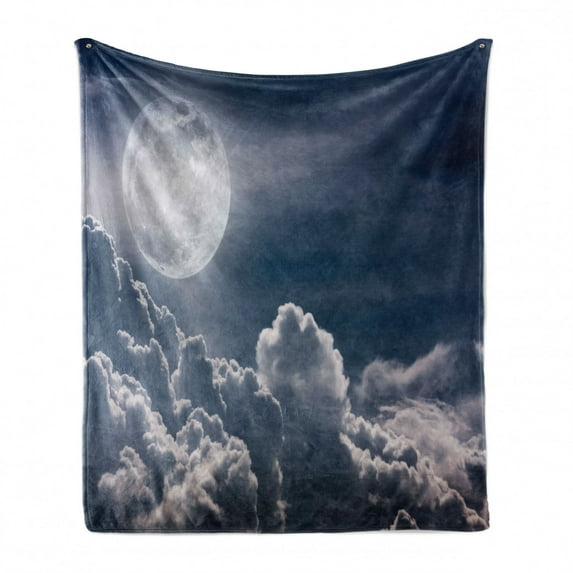 Night Sky Soft Flannel Fleece Throw Blanket, Celestial Photo Big Full Moon and Fluffy Clouds Majestic Dramatic Idyllic, Cozy Plush for Indoor and Outdoor Use, 70" x 90", Dark Blue White, by Ambesonne