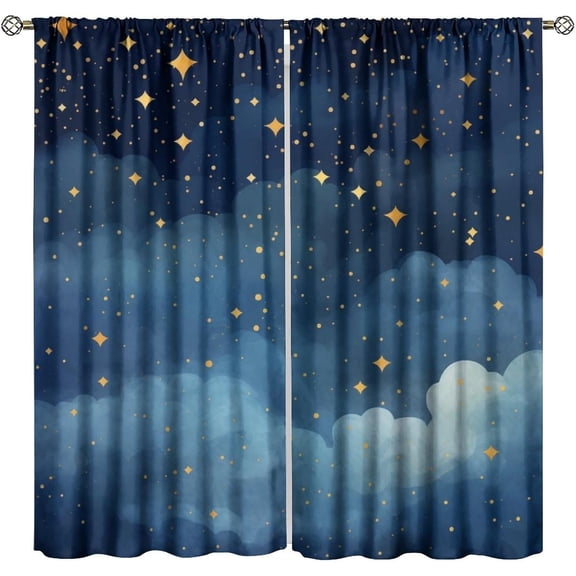 Night Sky Stars Curtain for Kids, Blue Starry Space Galaxy Pattern Window Treatments for Boys Girls Bedroom Toddlers Room Living Room Decor 26"W x 63"L (Pack of 2)