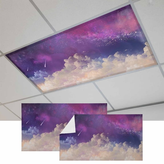 Night Sky Stars Fluorescent Light Covers, Shooting Star Cloud Galaxy Magnetic Light Covers for Ceiling Lights, Fluorescent Ceiling Shade Filters for Classroom Bedroom Office 4x2Ft x 2PCS