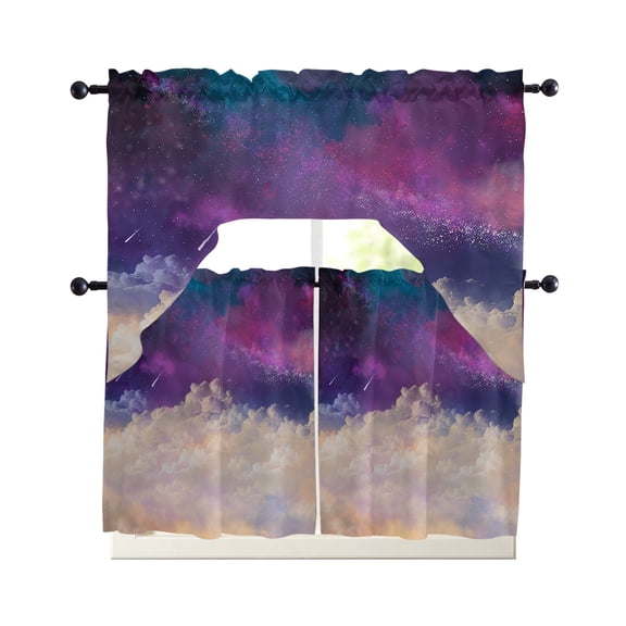 Night Sky Stars Kitchen Curtain and Valance Set 3 Pieces, Rod Pocket Short Tier Curtains 36 Inch Length, Shooting Star Cloud Galaxy Swag Topper Small Window Treatment for Cafe Bathroom Bedroom