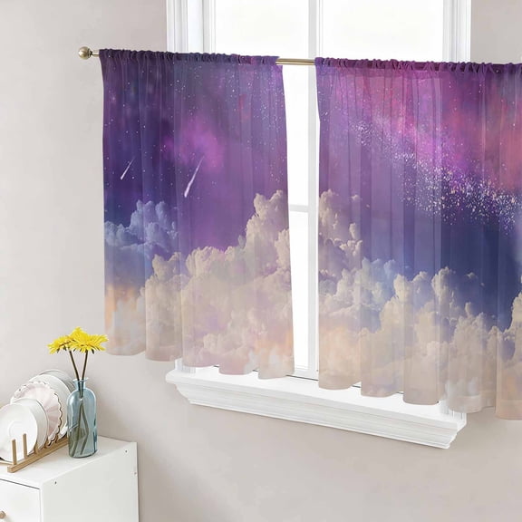 Night Sky Stars Semi Sheer Curtains 45 Inch Length 2 Panels Set, Shooting Star Cloud Galaxy Sheer Kitchen Curtain Privacy Voile Window Curtain for Living Room Bedroom Rod Pocket Drapes