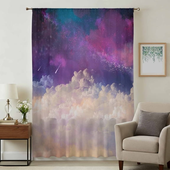 Night Sky Stars Sheer Curtains 54 Inches Long, Shooting Star Cloud Galaxy Light Filering Curtains, Breathable Simi Curtain Privacy Drapes for Kitchen Bathroom Nursery Small Window Treatment