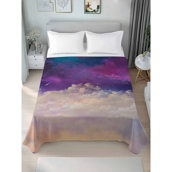 Night Sky Stars Twim Size Flat Sheet, Wrinkleproof & Fadeproof Cooling Flat Bed Sheet Only, Shooting Star Cloud Galaxy Breathable Soft Bedding Top Sheets 66 x 96 Inches